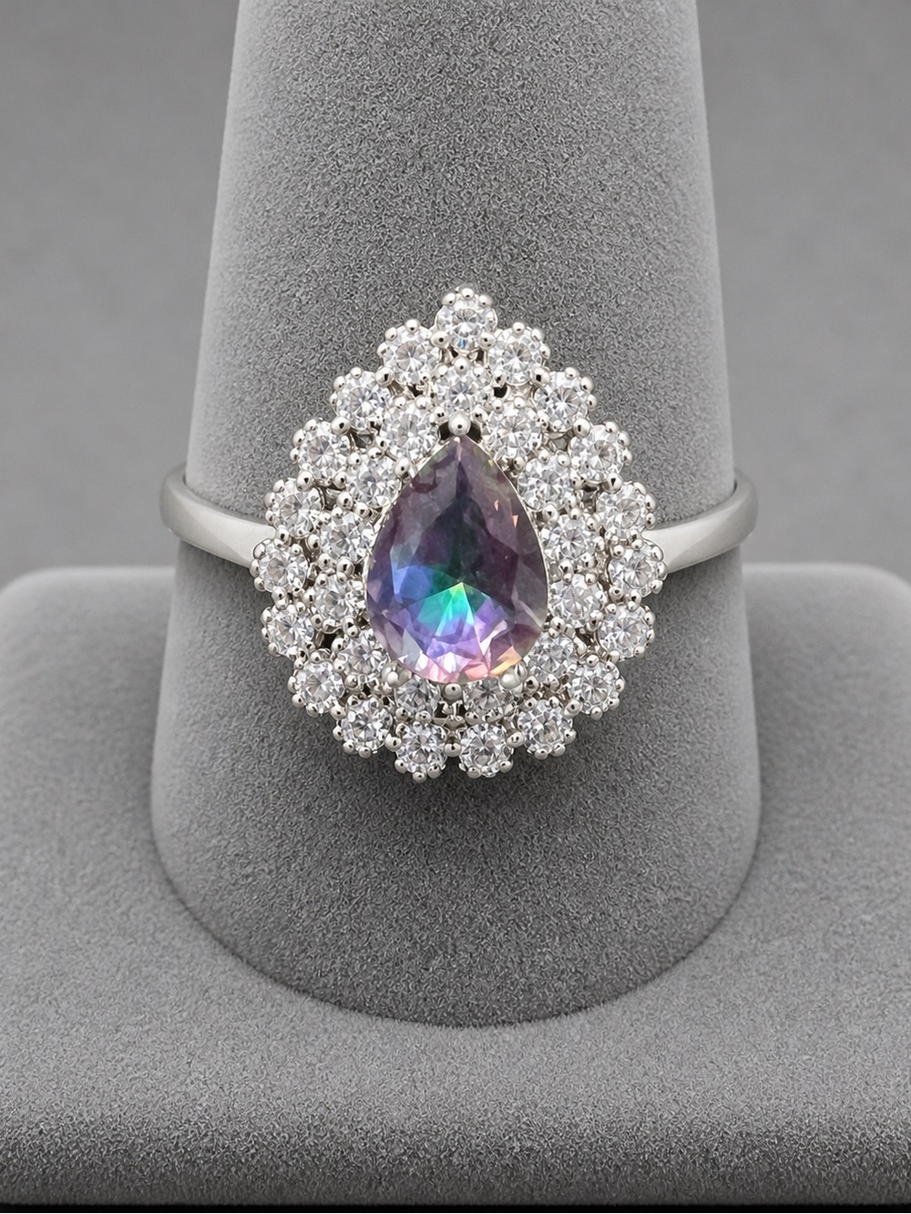 Mystic Topaz Faceted CZ Double Halo Teardrop Ring 925 Sterling 7.75 #605